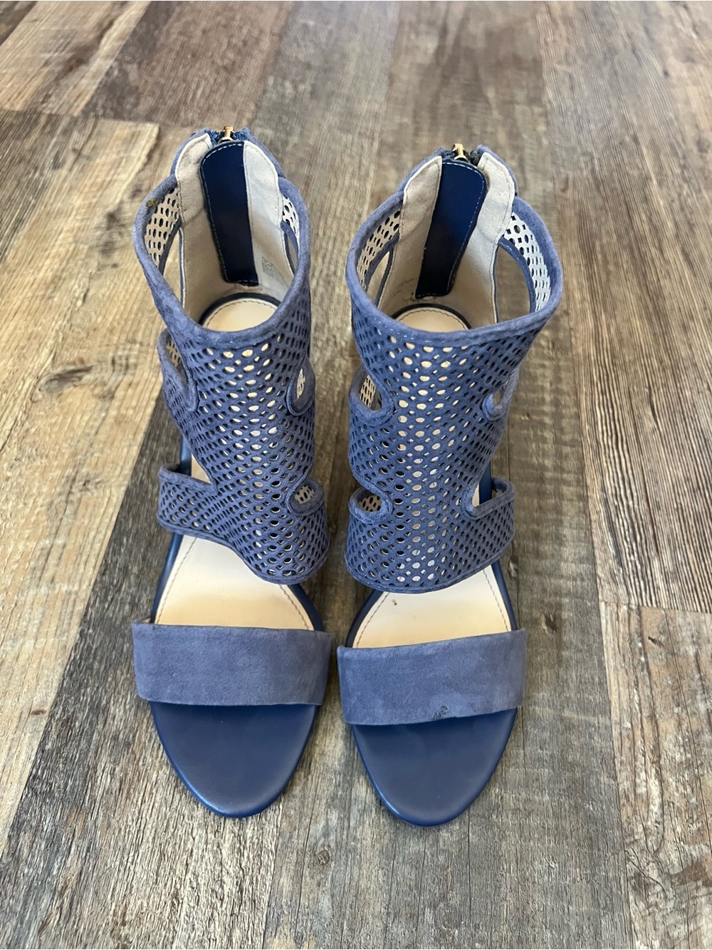 Isola Perforated Suede Open-Toe Heeled Sandals in Blue
